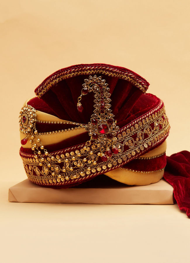 Maroon And Gold Brooch Embellished Safa image number 2